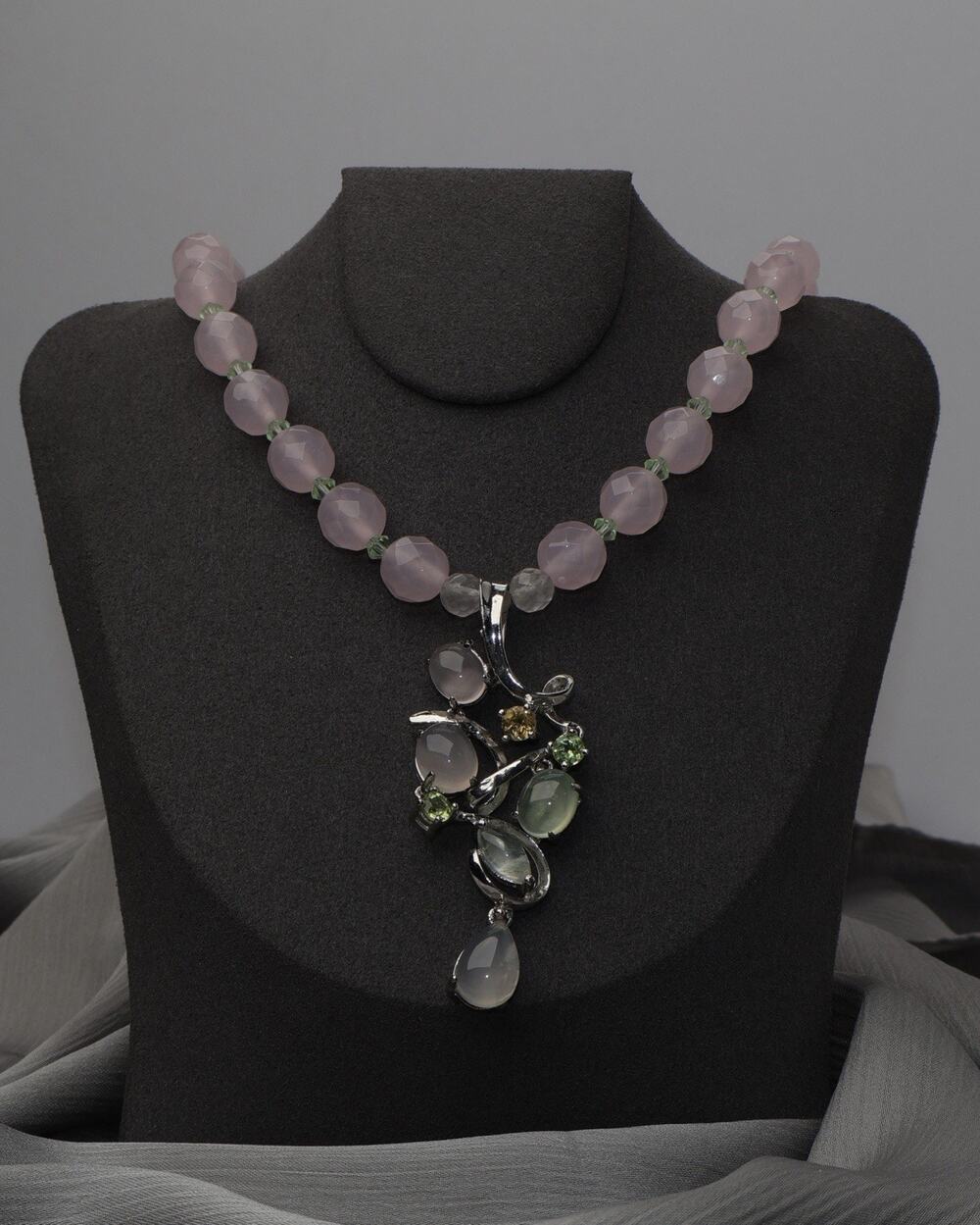 Mardi Jo Cohen 925 Rose Quartz & Multicolor Gemstones Necklace 55.3G / 18.5in
